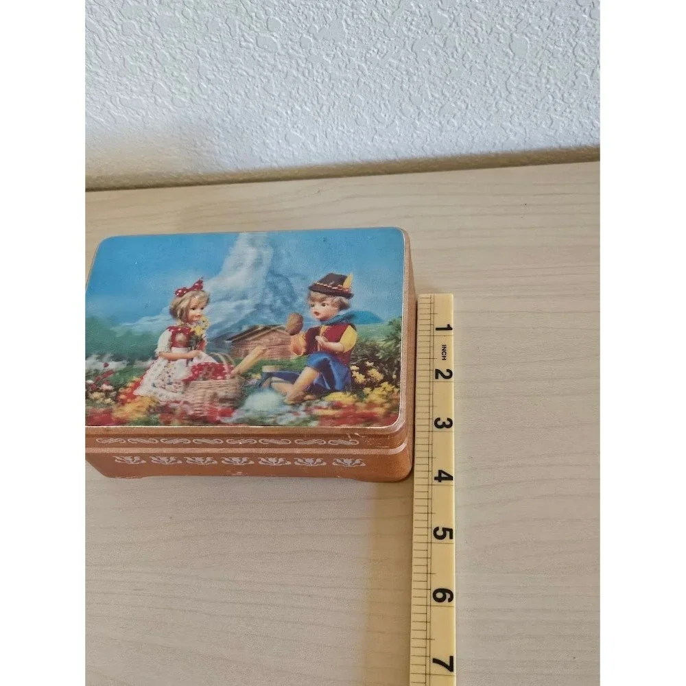 Music Wood Jewelry Box Vintage Schmid Bros 3D Bavarian Picnic Scene Edelweiss